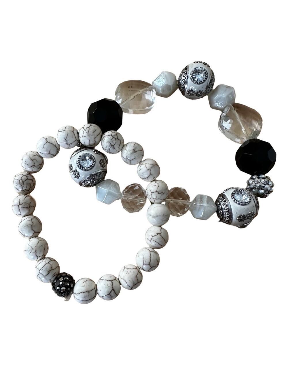 Pair of Black and White Stone and Glass Stretch Bracelets